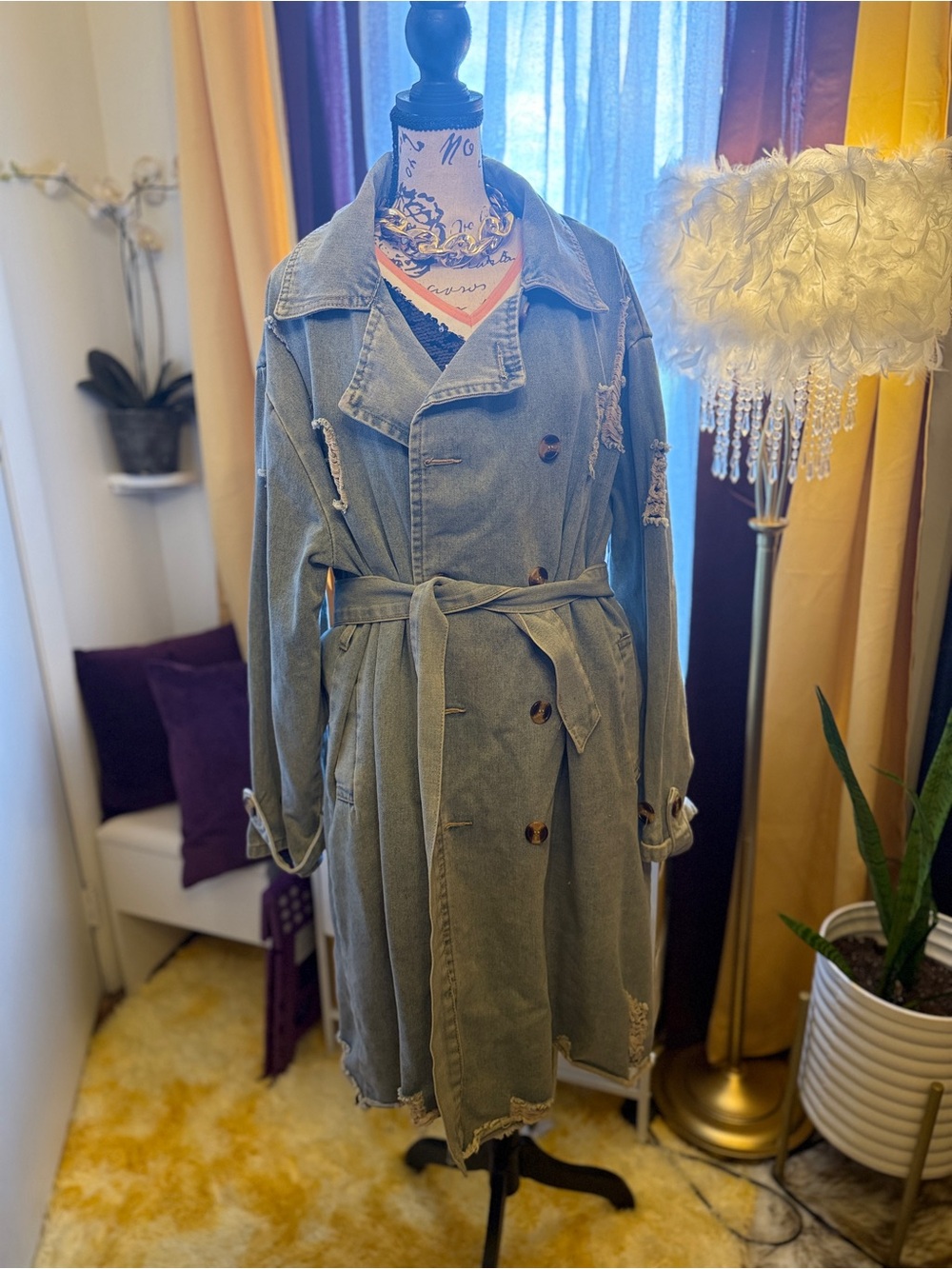 Washed Denim Distressed Trench Coat with Belt